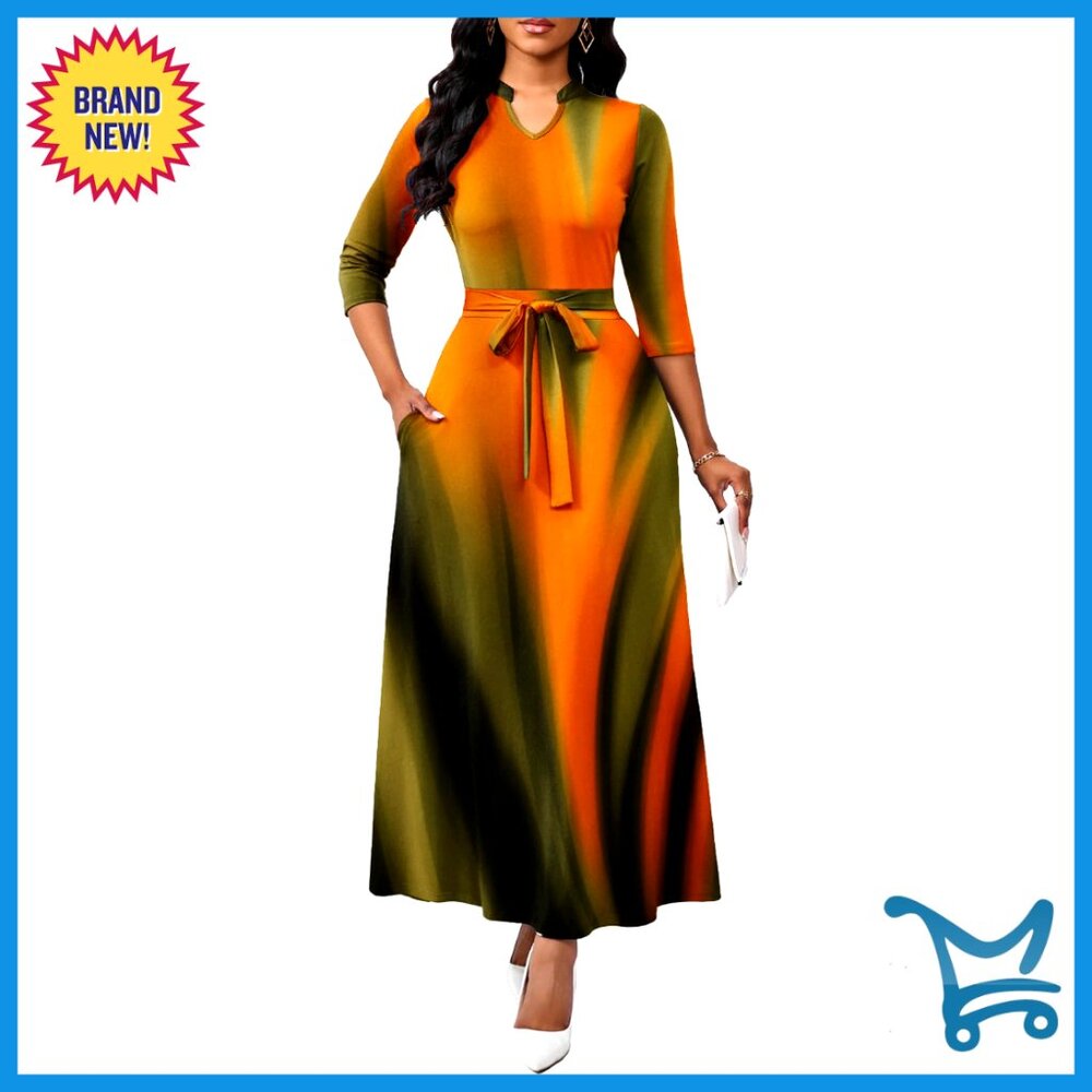 Maxi Dress A-Line 3/4 Sleeve Semi Formal Casual Church Wear With Pockets